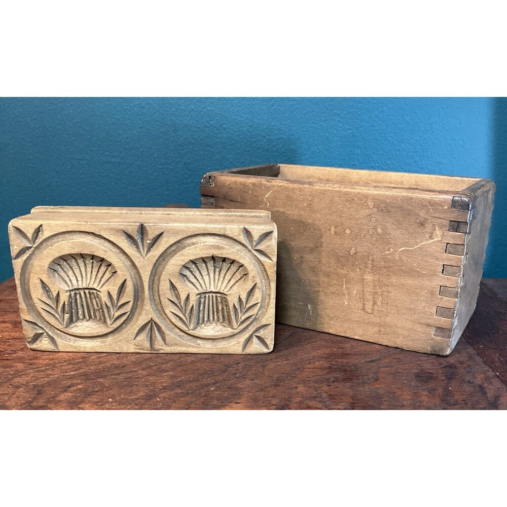 Antique Primitive 3 Piece Dovetailed Wood Butter Mold Double Sheaf of Wheat